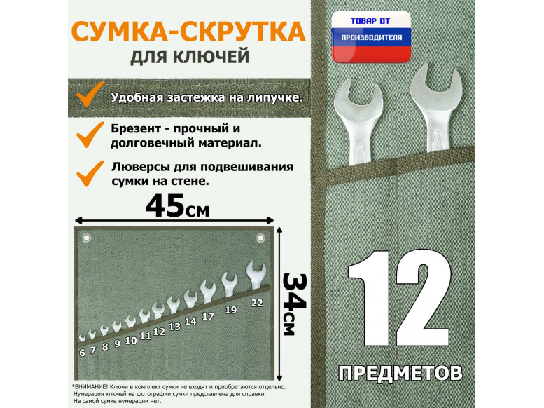 Сумка-скрутка для рожковых (накидных, гаечных, комбинированных) ключей 6-22 мм (12 предметов). Материал: брезент.