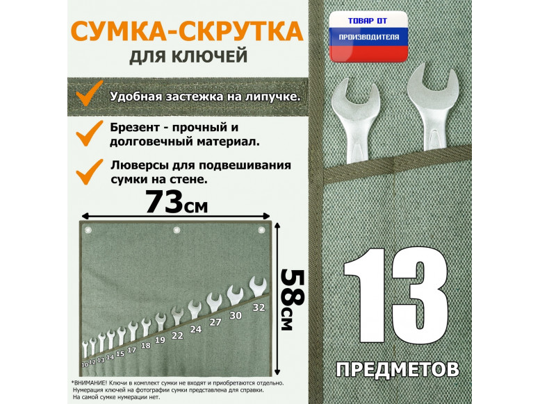 Сумка-скрутка для рожковых (накидных, гаечных, комбинированных) ключей 10-32 мм (13 предметов). Материал: брезент.