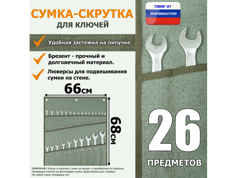 Сумка-скрутка для рожковых (накидных, гаечных, комбинированных) ключей 6-32 мм (26 предметов). Материал: брезент.